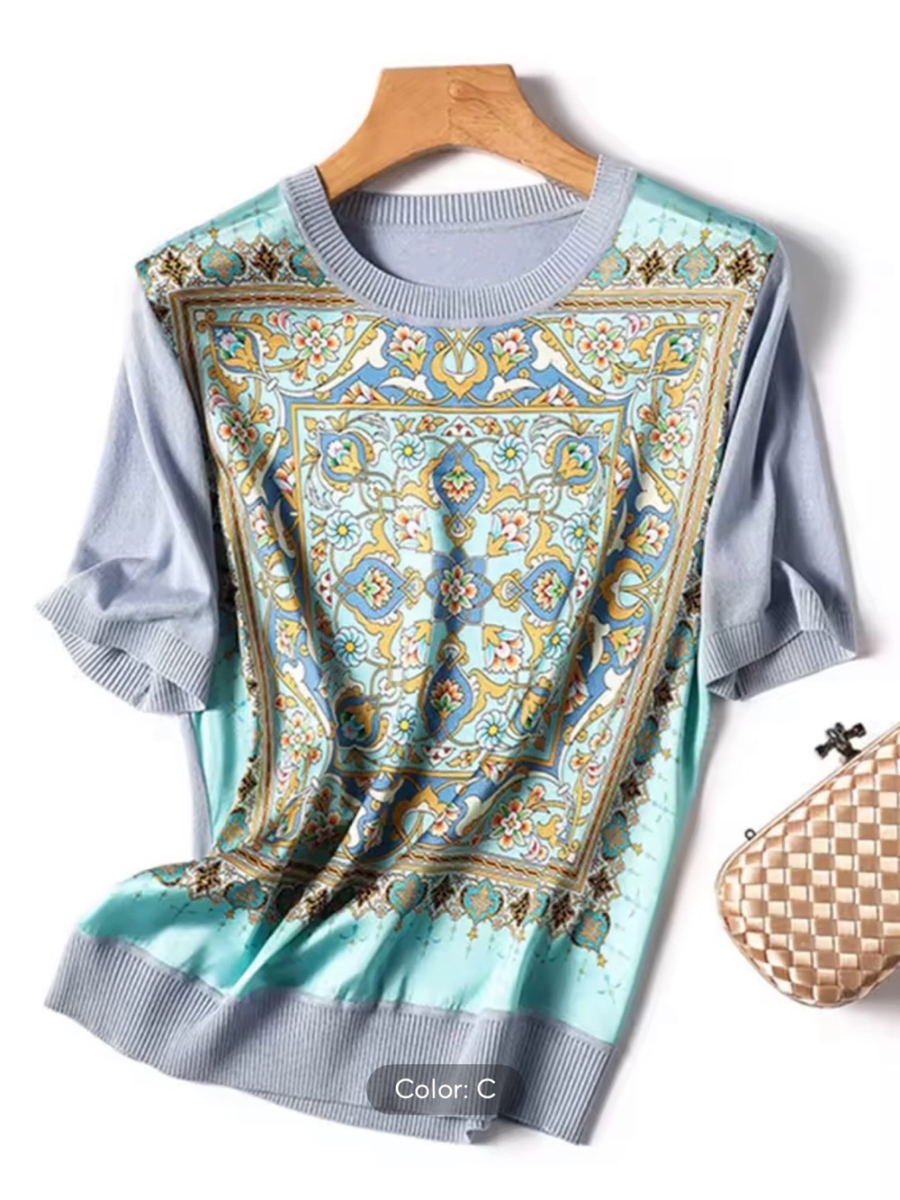 Light Blue Patterned Women's Short-Sleeve Top